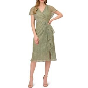 Adrianna Papell Metallic Crinkle Midi Dress Green Slate Size 4 NWT Dressy